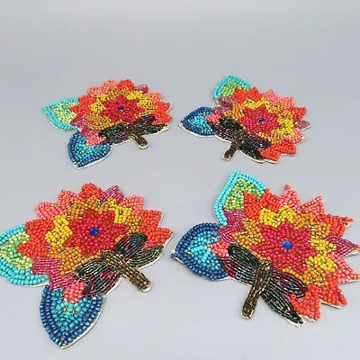 Set Of 4 Vintage Beaded Coasters BOHO Dragonfly Flowers Satin Bottoms • $22.99