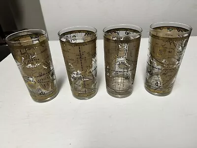 Vintage Cera Old World Map Mid Century Highball Glasses 22 Karat Set Of 4 • $55