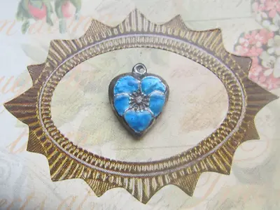 Vintage Sterling Silver Enameled Puffy Heart Charm-WATER BLUE Pansy • $29