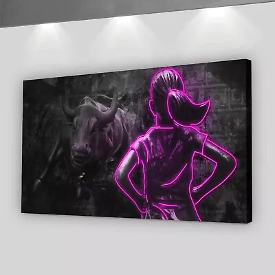Fearless Girl Statue Wall Street Charging Bull Neon Sign Wall Art Canvas Print • $449.95