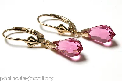 9ct Gold Pink Swarovski Crystal Elements LeverBack Earrings Made In UK • £78.99