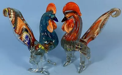 Vintage Murano Style Hand Blown Art Glass Rooster Lot Of 2 Figurines 5 3/4 Tall • $84.99