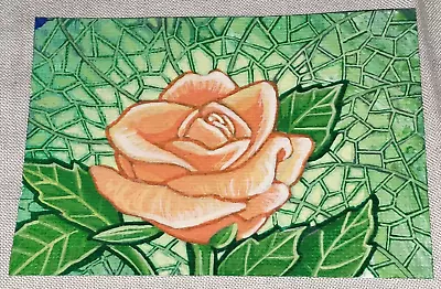 Orig. ACEO PAINTING ACRYLIC ON CANVAS PEACH & GREEN STAINED-GLASS ROSE Martinez • $12.99