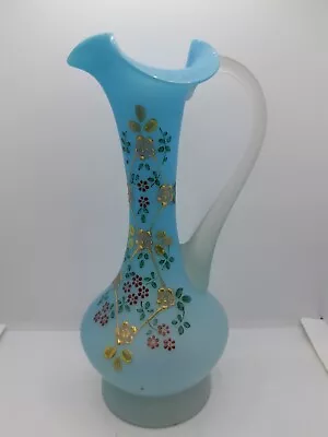 Mount Washington VICTORIAN ART GLASS BLUE SATIN VASE PITCHER ENAMEL FLOWERS • $37.87