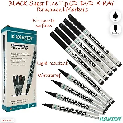 HAUSER Super Fine Non-Fray Tip CD DVD OHP Permanent BLACK Marker Pens Waterproof • £3.39