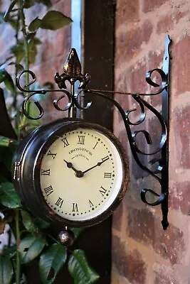 Garden Wall Station Clock Thermometer  Ornament Double Sided Bracket Rust Effect • £19.95
