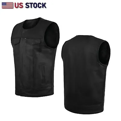 Men's SOA Collarless Leather Vest Motorcycle Biker Club Concealed Carry Outlaws • $52.95