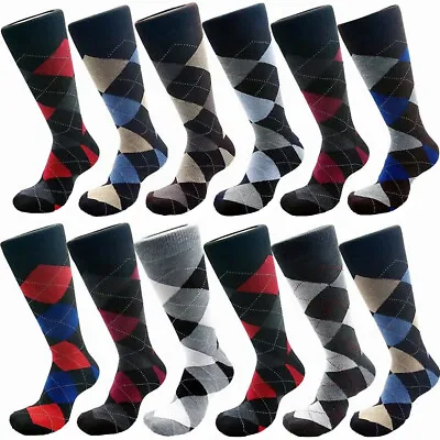 3-12 Pairs For Mens Argyle Dress Socks Mid Calf Multi Color Cotton Size 10-13 • $7.99