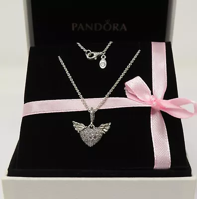 (65) Authentic Pandora Pave Heart & Angel Wings Pendant Necklace 45cm • £20