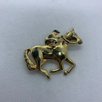 Gold Tone Jockey On Horse Racing Brooch 2  Running Detailed Rhinestone Eye  • £7.12