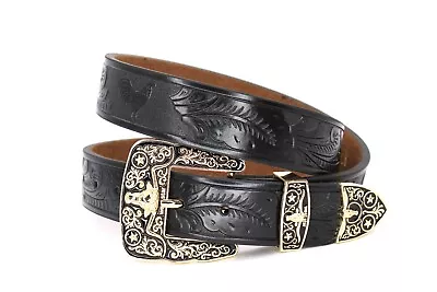 Western Belt Leather Gold Longhorn Bull Rooster Black Belt For Pants Size 42 • $39.99