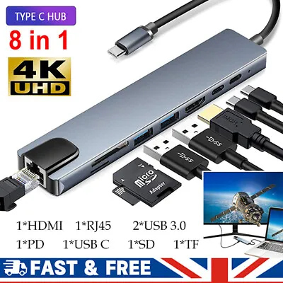 8 In 1 Multiport USB-C Hub Type C To USB 3.0 4K HDMI Adapter For Macbook Pro/Air • £10.99