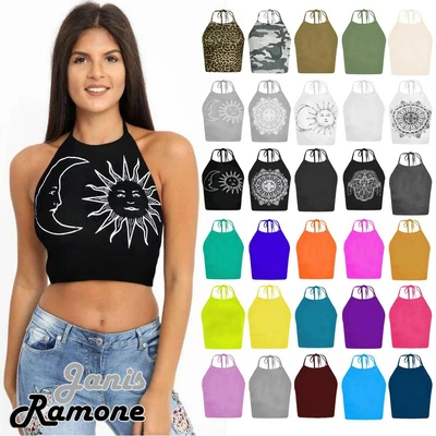 £7.49 • Buy Womens Halter Neck Crop Top Plain Tie Up Knot Basic Sleeveless Vest T-Shirt Tops