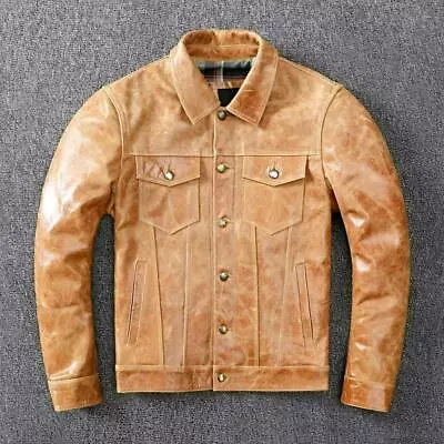 Genuine Cowhide Leather Jacket Men's Denim Jacket Slim Pocket Button Short Coats • $247.21