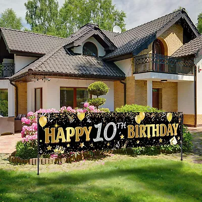 Happy 10th Birthday Banner Horizontal Fabric Black Gold Happy Birthday Sign  • £4.78