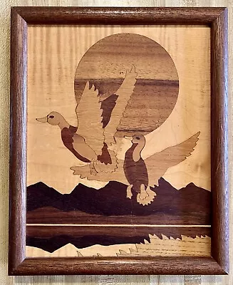 Vintage Wood Inlay Marquetry Art Picture Mallard Ducks Thick Framed Hook Unique • $34.99