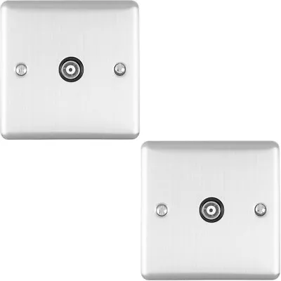 2 PACK SATIN STEEL Single Aerial Coaxial Socket Female Wall Plate Black Trim • £20.99