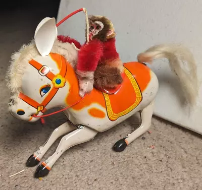 WIND UP MONKEY RIDING BUCKING HORSE Vintage Tin Litho Mechanical Toy WORKS • $69