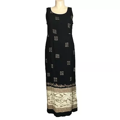 Match USA 14 Maxi Dress Long Sl Shirt Rayon Crepe Black Tan Stripe Fish Large LN • £32.37