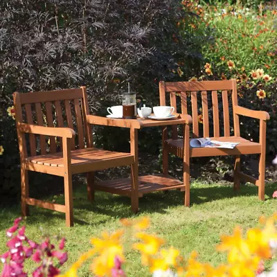 Wooden Garden Patio Outdoor Love Seat  Coffee Table Umbrella Hole Partner Bench • £241.99