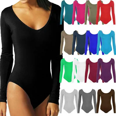 New Womens Plain Round Neck Long Sleeve Slim Fit Stretchy Leotard Bodysuit Top • £9.99