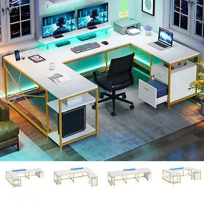 79  LED U Shaped Computer Desk With File Drawer & Power Outlets Home Office Desk • $172.99