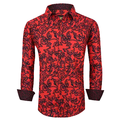 Mens PREMIERE Long Sleeve Button Down Dress Shirt Red Black PAISLEY DESIGNER 768 • $35.95