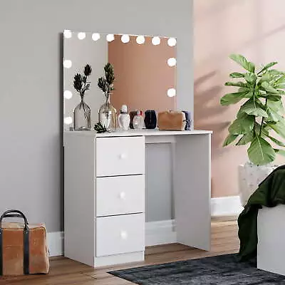 Amelia Modern Vanity Table With Light Bulbs 3 Drawers Wide Mirror White Painted  • $159.30