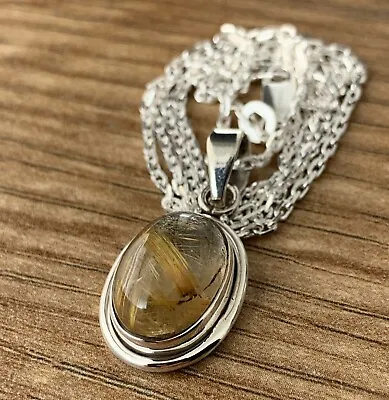 Golden Rutile Quartz Gemstone Pendant Sterling 925 Necklace Jewellery Gift • £14.99