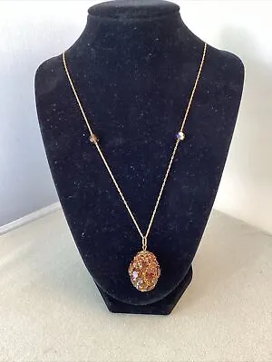 Vintage Amber Rhinestone Necklace Oval Egg Shaped Pendant Link Chain W Beads 24  • $24.99