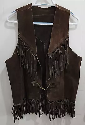 VTG Fringe Brown Suede Leather Vest Unisex Western Boho Hippie Woodstock Size M • $59.99