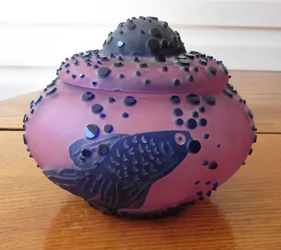 Fenton Pilgrim Kelsey Murphy Fish Cameo Carved Glass Powder Dish 2000 • $78
