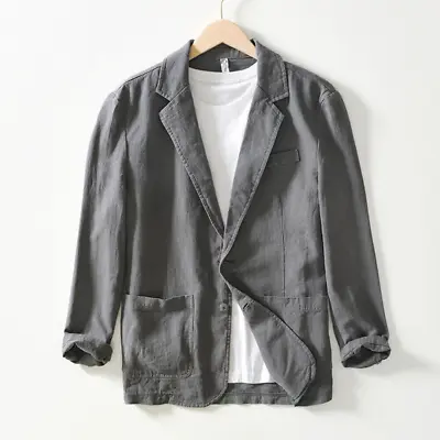 Mens Long Sleeve Cotton Linen Lapel Blazer Jacket Button Cardigan Shirts Coats • $30.08