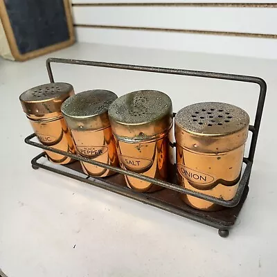 4 VTG Copper Shakers Pepper Salt Onion Garlic Kitchen Shakers Containers W Caddy • $25