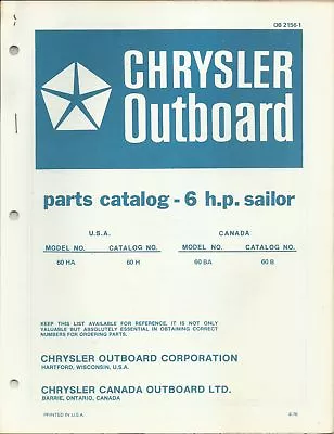 Chrysler Outboard Boat 6 Hp Sailor Model 60ha 60ba Parts Catalog Ob 2156-1 • $29.99