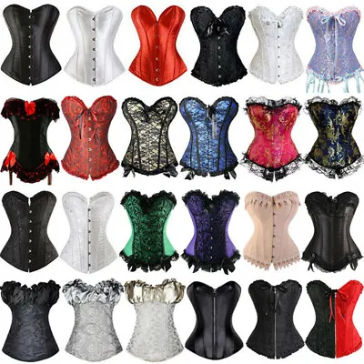 Women's Lace-Up Overbust Boned Satin Corset Bustier Burlesque Basque Top Costume • £21.99