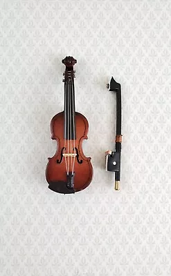 Miniature Violin And Bow Wood 2 7/8  Dollhouse Tiny Instrument Music Room • $14