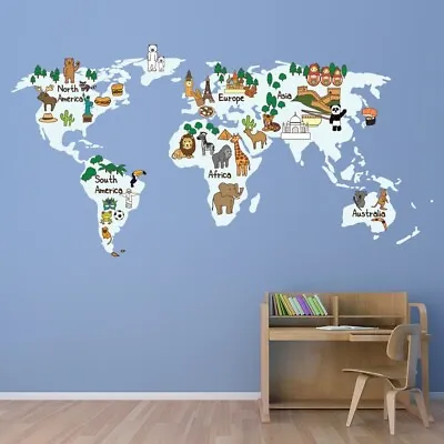 Pale Blue Animal World Map Wall Sticker WS-51473 • £12.98