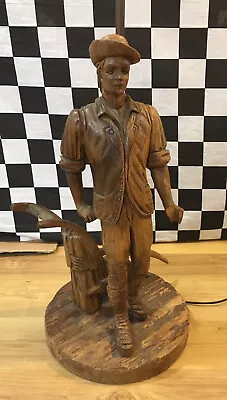 VTG Hand Carved Wooden Farmer Founder Statue Lamp Harvesting Plow 25  Rustic • $29.99