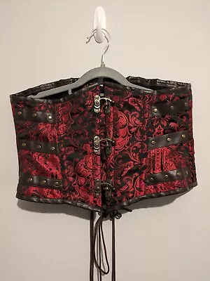 C-Lock Brass/Leather Underbust Steampunk Corset In Red Scroll Brocade 32” • £19.99