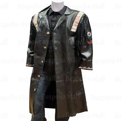New Mens American Western Style Black Cowboy Leather Long Coat Fringes Beads-95 • $287.09