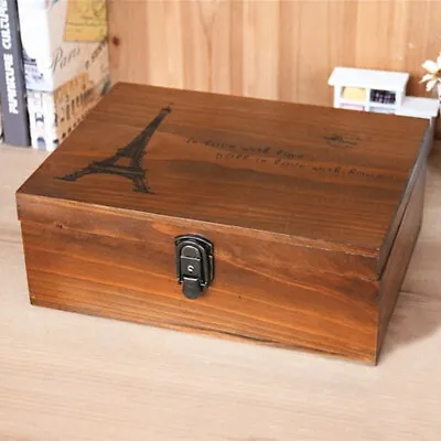 Large 25cm Vintage Wooden Storage Box Memory Keepsake Chest Lockable Organizer • £8.95