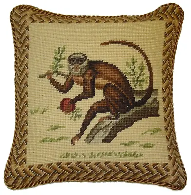 Wool Needlepoint Throw Pillow Monkey On The Branch Cushion 12x12 W Zigzag Frame • $102