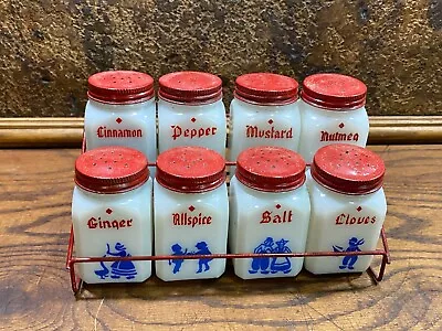 Vintage Early Kitchen White Milk Glass Spice Jar Set W Wire Holder / Set Of 8 • $97.99
