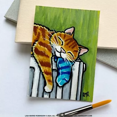 Original ACEO Painting Ginger Tabby Radiator Sock Art By Lisa Marie Robinson • £8