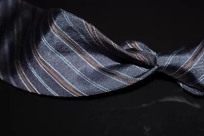 Nicky Milano Made In Italy Woven Navy Hobnail Brown Trim Repp Stripe Silk Tie NR • $9.99