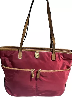 Michael Kors Kempton Pocket Tote Shoulder Bag Burgundy Nylon W/Brown Leather • $35