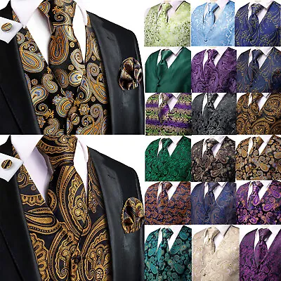 Fashion Men's Waistcoat Coat Vest Tie Hankie SET Formal Dress Suit Slim Tuxedo • $51.98