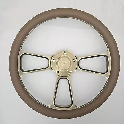 14  Bronze Billet Steering Wheel Tan Brown Vinyl Horn Chevy Muscle C10 Ford Rod • $192.18