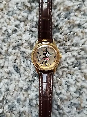 Vintage Minnie Mouse Watch Brown Leather Band Easy Read Needs Battery • $4.99